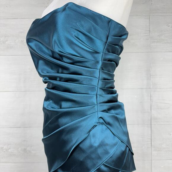 Xscape Strapless Mini Dress Size 4 Teal Satin Drape Wrap Cocktail Homecoming - Picture 7 of 16